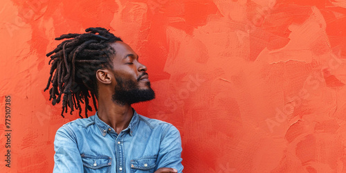 photo of a handsome guy with a smile with dreadlocks against a red wall with copy space on the left, banner photo