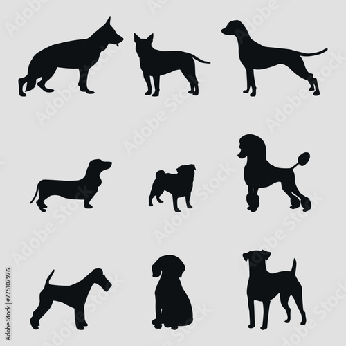 Black silhouettes of dogs. 9 pieces. Different breeds of dogs. Vector on gray background