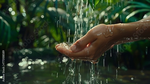 Serene Tropical Rain Shower with Hand Catching Water Drops. A Refreshing Natural Scene Capturing the Essence of Pure Rainfall. Close-up, High Detail Photography. AI
