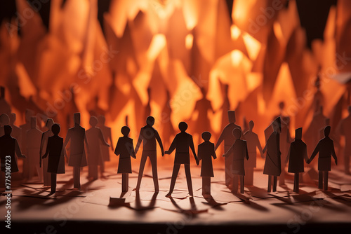 Paper cutout figures standing united before a blazing fire, symbolizing resilience and the strength of community in the face of adversity.