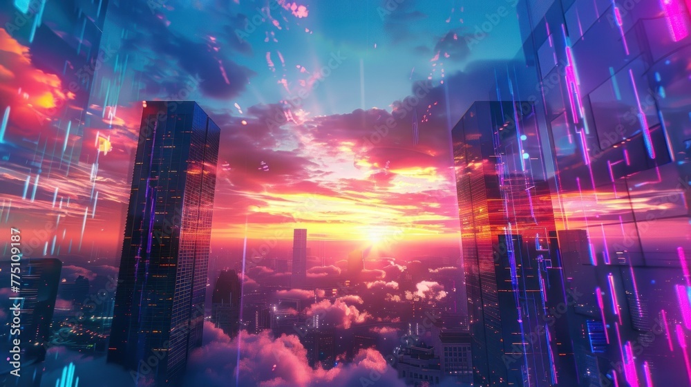 Fototapeta premium Futuristic future modern city with shrouded clouds in the afternoon background wallpaper AI generated image