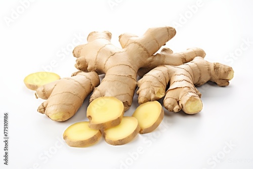 ginger root on a white background. a bunch of whole ingredients and cut pieces.