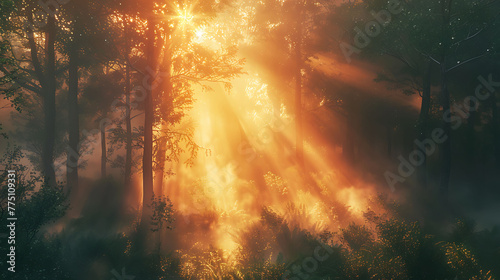 A dense and mystical fog forest where sunlight filters through the mist  casting an otherworldly glow