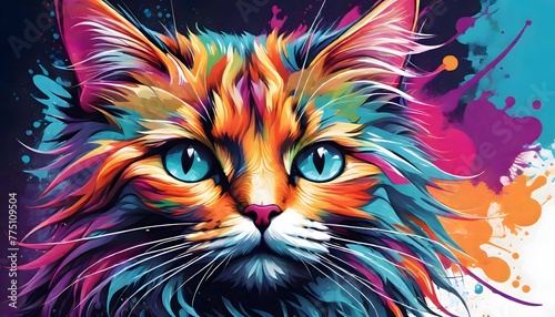 Close Up Portrait of a Cat   s Face with Bright and Contrasting Colors  Generative AI