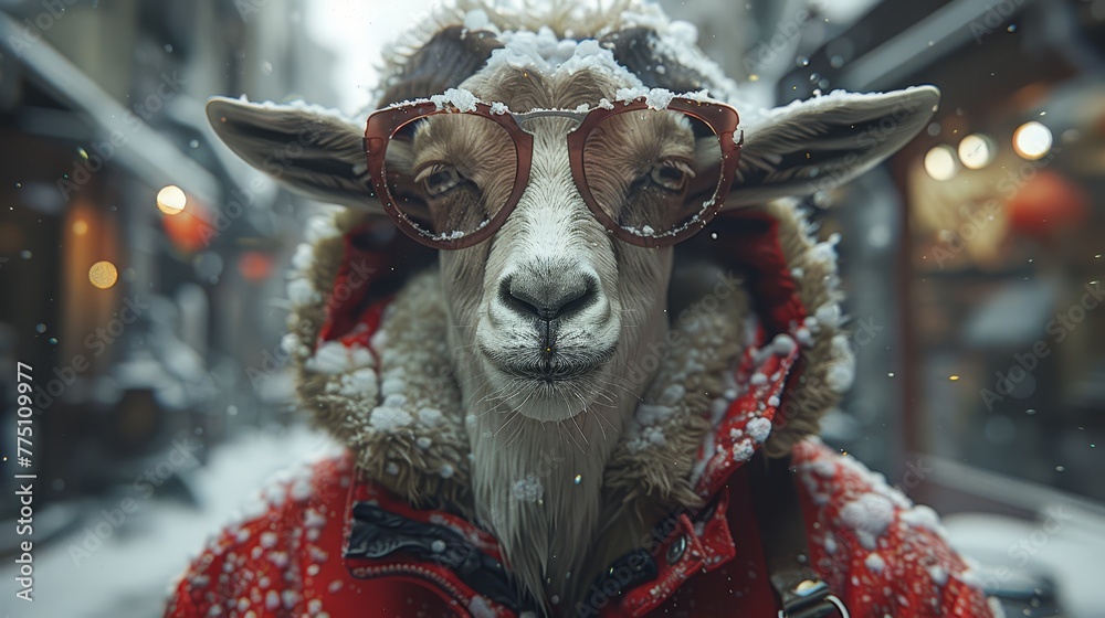 Fototapeta premium A goat in glasses and red coat roams city street, snows falls, settling upon its head as flurries