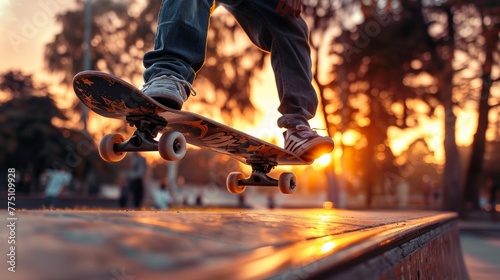 Skateboarder mid jump in urban park at sunset, high quality action shot with freeze frame effect
