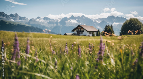 Spring landscape of blooming lavender in a meadow with mountains in the background.