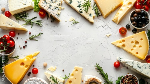Frame with different types of cheese and empty space on a white background for text.