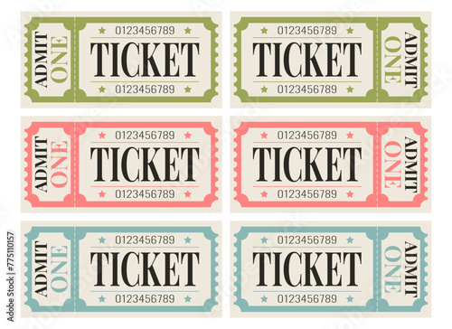 Collection of vintage retro tickets or coupons. Movie tickets isolated on white background. Vector illustration.
