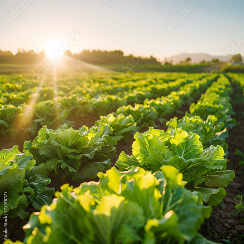 Sun-drenched Field of Lush Green Lettuce - A Vivid Portrayal of Organic Farming