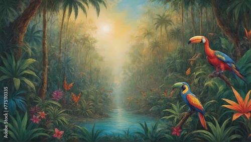 Background in style - Jungle with tropical plants and animals: beauty and diversity. Generative AI, Generative, AI