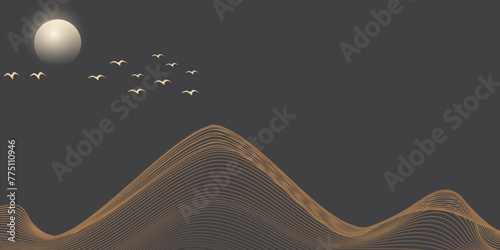 Vector abstract art landscape mountain with birds and sunrise sunset by golden line art texture isolated on dark grey black background.. vektor illustration