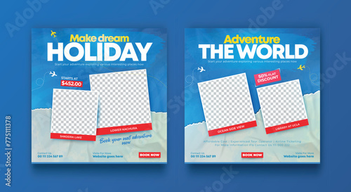 Travel social media banner post template design. Summer beach holiday online promotion poster. Traveling flyer. Holiday and tour advertising social media design.