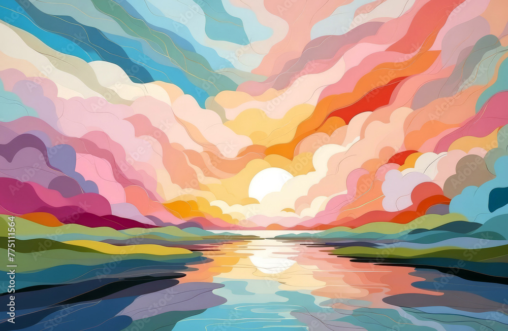 Minimalist colorful peaceful watercolor abstract landscape with vibrant colors. 