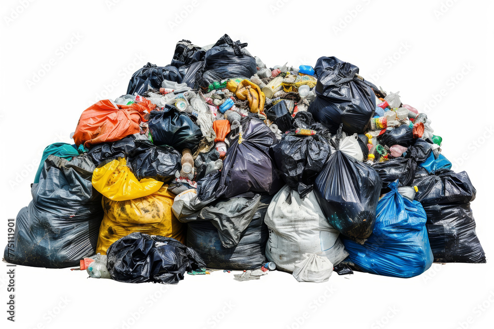 Large pile of mixed garbage bags isolated on white background