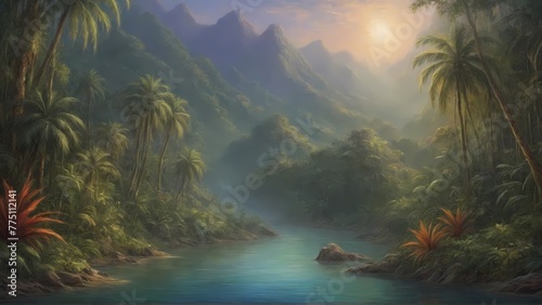 Background in style - Tropical jungle background with river  a natural world in motion. Generative AI  Generative  AI