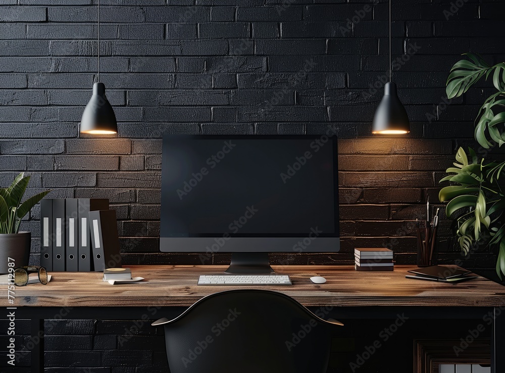 Minimalist Modern Home Office with iMac on Wooden Desk - obrazy, fototapety, plakaty 