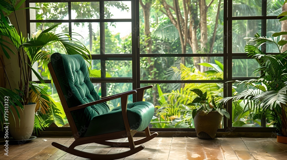 Cozy rockin chair in a sunlit room with lush garden view. Perfect for relaxation. Indoor tranquility and comfort with a touch of green. Ideal for lifestyle and interior design themes. AI Cozy rockin chair in a sunlit room with lush garden view. Perfect for relaxation. Indoor tranquility and comfort with a touch of green. Ideal for lifestyle and interior design themes. AI
