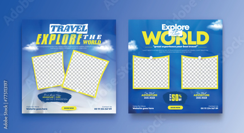 Travel social media banner post template design. Summer beach holiday online promotion poster. Traveling flyer. Holiday and tour advertising social media design.