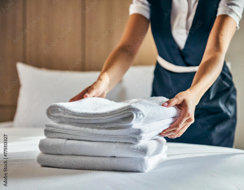 Fototapeta premium hand professional chambermaid hostel putting stack of fresh white towels clean in hotel room bedroom