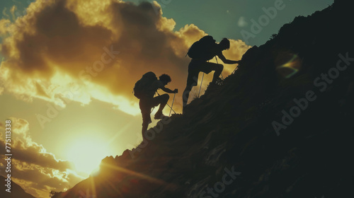 Silhouette of help between two climbers.