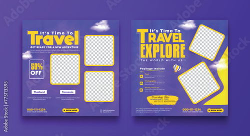 Travel social media banner post template design. Summer beach holiday online promotion poster. Traveling flyer. Holiday and tour advertising social media design.