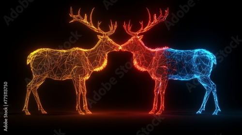   Two deer posed side by side against a black backdrop Red, blue, and yellow lights encircled them © Nadia