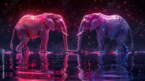  A few elephants stand side by side atop a tranquil water body, beneath a starlit night sky