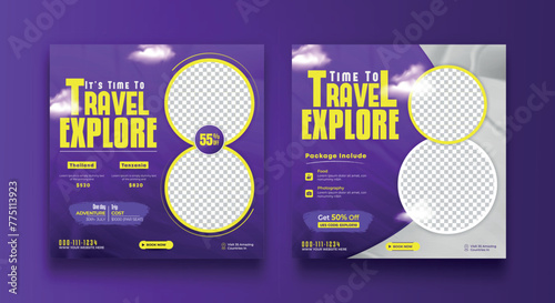 Travel social media banner post template design. Summer beach holiday online promotion poster. Traveling flyer. Holiday and tour advertising social media design.