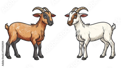   Two goats stand side by side  one sporting horns  the other boasting long horns  they face opposite directions