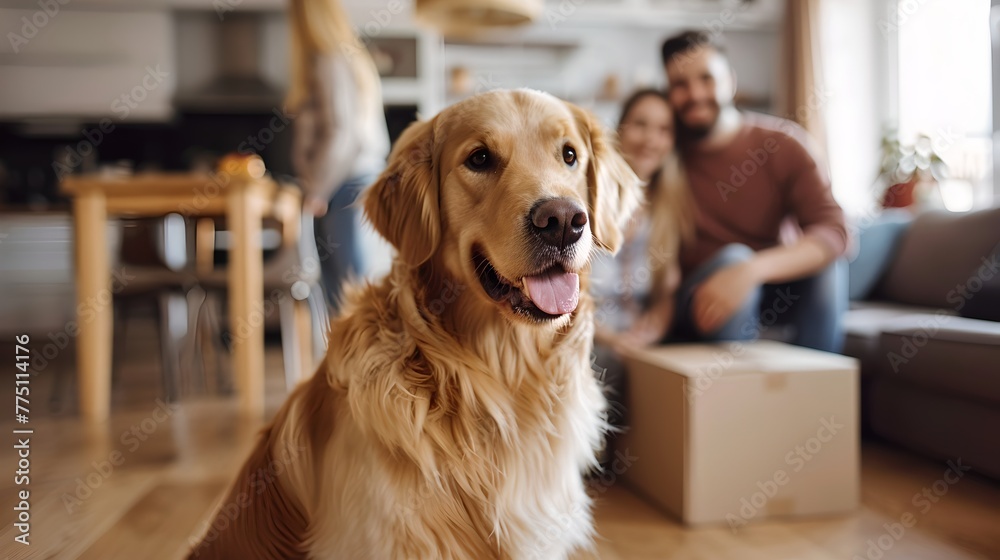 Golden retriever dog takes center stage with a joyful expression. Happy couple in cozy home setting blurred in background. Perfect for family-oriented content. AI