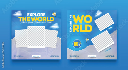 Travel social media banner post template design. Summer beach holiday online promotion poster. Traveling flyer. Holiday and tour advertising social media design.