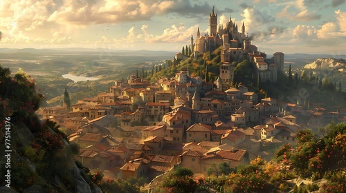 A fairy-tale castle perched atop a hilltop overlooking a picturesque village