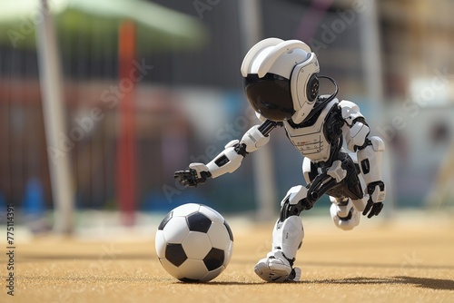 A modern robot stepping onto a soccer ball, displaying artificial intelligence in sports. © cherezoff