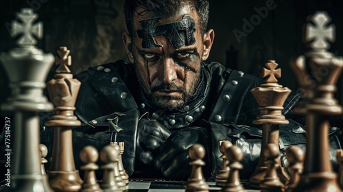 A handsome man wearing black leather armor with a metal cross emblem on his face is playing chess against many other people in a dark environment He has a focused and serious expression photo