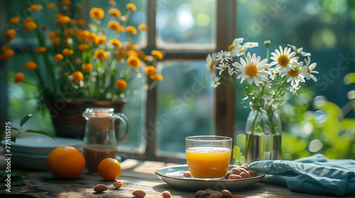 A glass of orange juice sits on a table near a vase of daisies