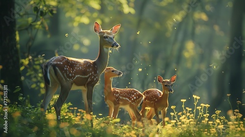 A family of deer grazing among the trees photo