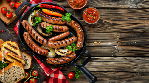 Rustic Grilled Sausages and Vegetables in Cast Iron Skillet on Wooden Table