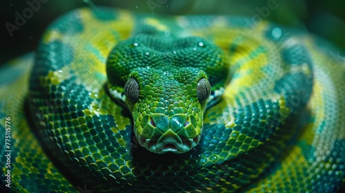  A tight shot of a green snake's head, adorned with water droplets on its body and surface