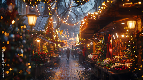 A festive holiday market aglow with twinkling lights, festive decorations, and the scent of roasted chestnuts and mulled wine photo