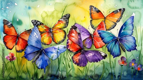   A painting of vibrant butterflies in flight above a meadow of grass and wildflowers
