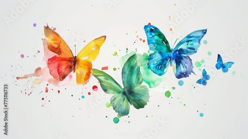  Three vibrant butterflies fly against a pristine white backdrop, their wings adorned with scattered paint splatters