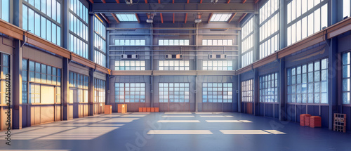 A vast, empty factory workshop space building stands as a testament to industrial prowess. Adjacent to it, a large, modern storehouse showcases efficiency and organization.