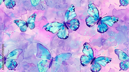   A collection of blue butterflies soaring above a purple and pink backdrop  their wings adorned with watercolor paint
