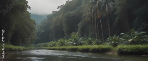 Background in style - Jungle with river and plants: harmony of nature. Generative AI, Generative, AI