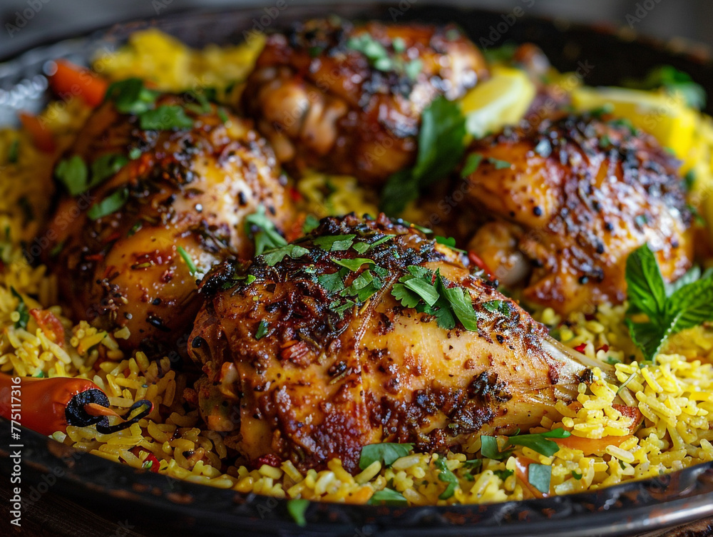Delicious Saudi cuisine chicken kabsa with homemade arabian rice. 