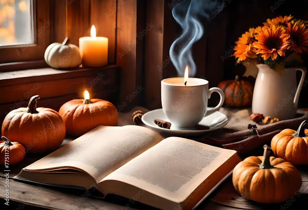 Autumn still life with book and candle
