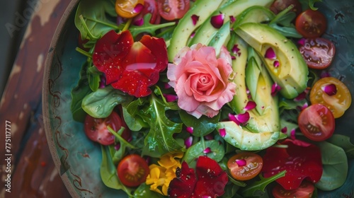 A vibrant salad bowl bursting with crisp greens, ripe tomatoes, and creamy avocado slices, garnished with edible rose petals, offering a refreshing and visually stunning culinary delight.