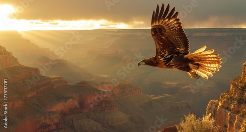 Majestic Eagle Soaring Over a Canyon Illuminated by Sunset.