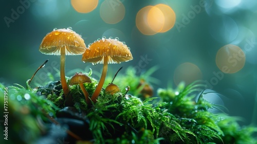 Macro surrealist wildlife ant s view of towering mushroom forest with dew drops in high res